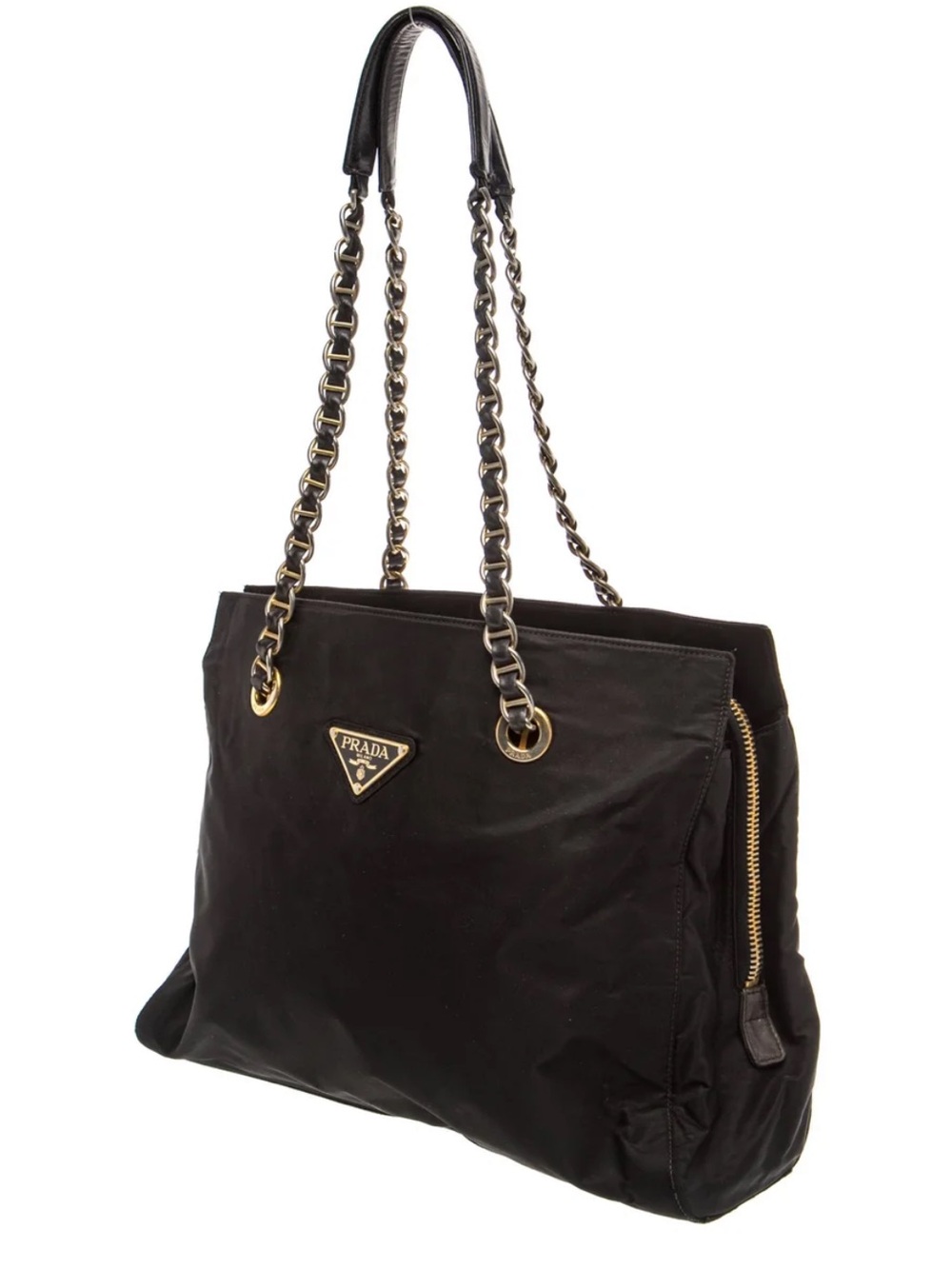Authentic Prada Black Nylon Shoulder Bag with Gold Chain Straps - Picture 2 of 7